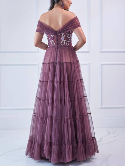 V-Neck Mesh Print Maxi Dress