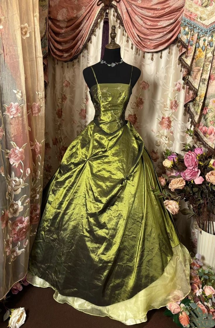 Green shiny vintage exquisite beaded long elegant satin ball gown evening dress gh3198