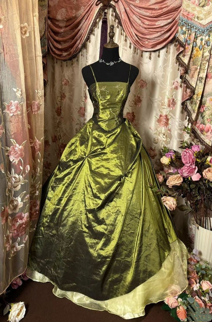 Green shiny vintage exquisite beaded long elegant satin ball gown evening dress gh3198