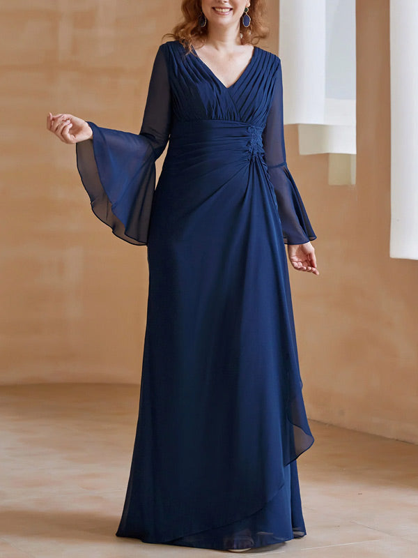 V Neck Pleated Floor-Length Dress