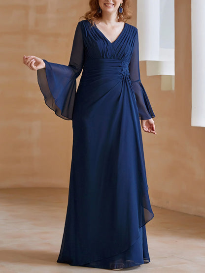 V Neck Pleated Floor-Length Dress