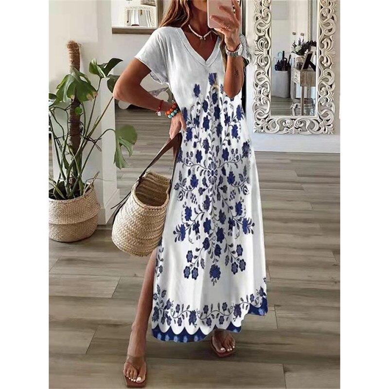 loveedsTM- Vintage Print Maxi Dress Women 2024 Summer Elegant V Neck Short Sleeve Loose Split Casual Dress Female Party Boho Beach Vestidos
