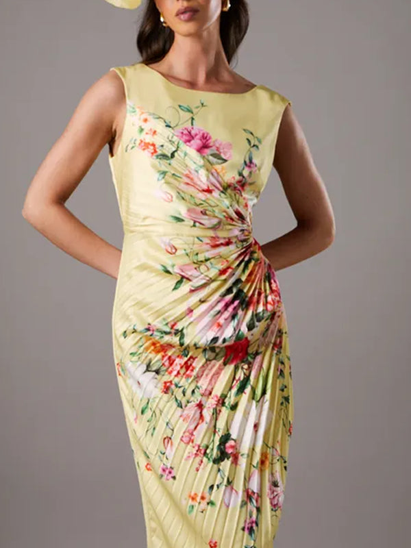 Pleated Floral Midi Dress With Pleat Detail