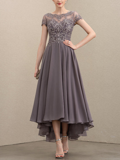 Asymmetric Chiffon Lace Mom of the Bride Dress with Beaded Sequins