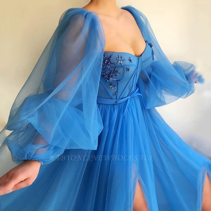 loveedsTM-Simple Blue Prom Dresses Long Puff Sleeves Exposed Boning Illusion Evening Dresses High Slit Tulle A-Line Formal Gowns