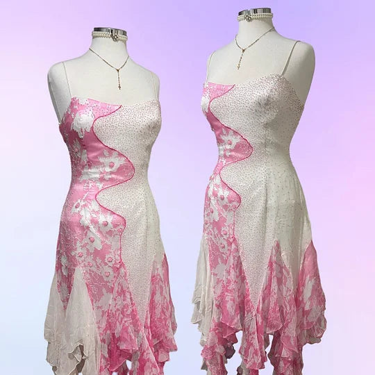 Pink and White Exquisite Beaded Floral Elegant Long Tassel Ruffle Chiffon Ball Gown Evening Dress Party Dress Prom Dress gh3718
