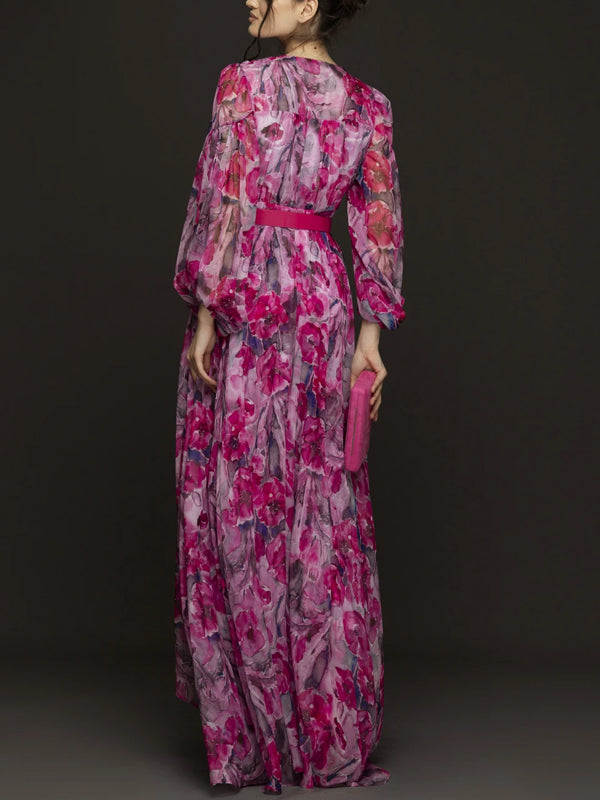 V-neck Long Sleeves With Print Maxi Dress