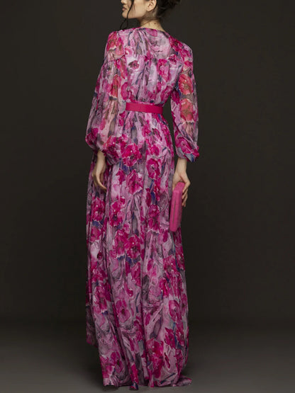 V-neck Long Sleeves With Print Maxi Dress