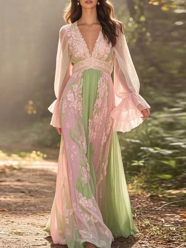 V-neck Lace Temperament Color Matching Women's Dress