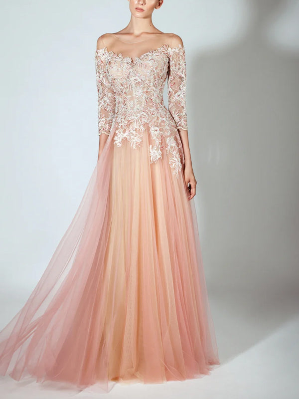 Solid Color Lace Mesh Maxi Dress