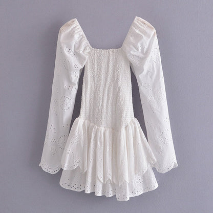 loveedsTM-2024 Summer Autumn Long Sleeve Elegant Embroidery Mini Dress Women Long Sleeve Cotton Smocked Bodice Sexy Woman Dress
