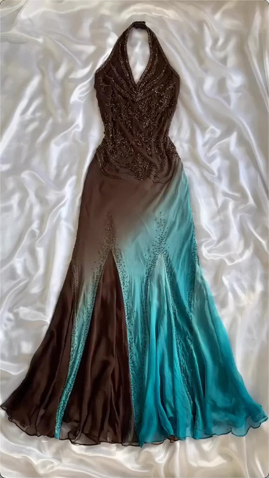 Mint Chocolate Prom Dress Brown Blue Gradient Gorgeous Lightweight Exquisite Beading Spaghetti Strap Long Chiffon  Evening Gown Party Dress gh3338
