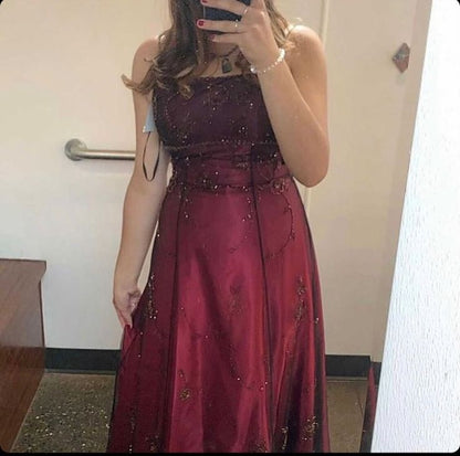 Burgundy Spaghetti Straps Exquisite Beaded Long Tulle Ball Gown Evening Dress prom dress gh3208