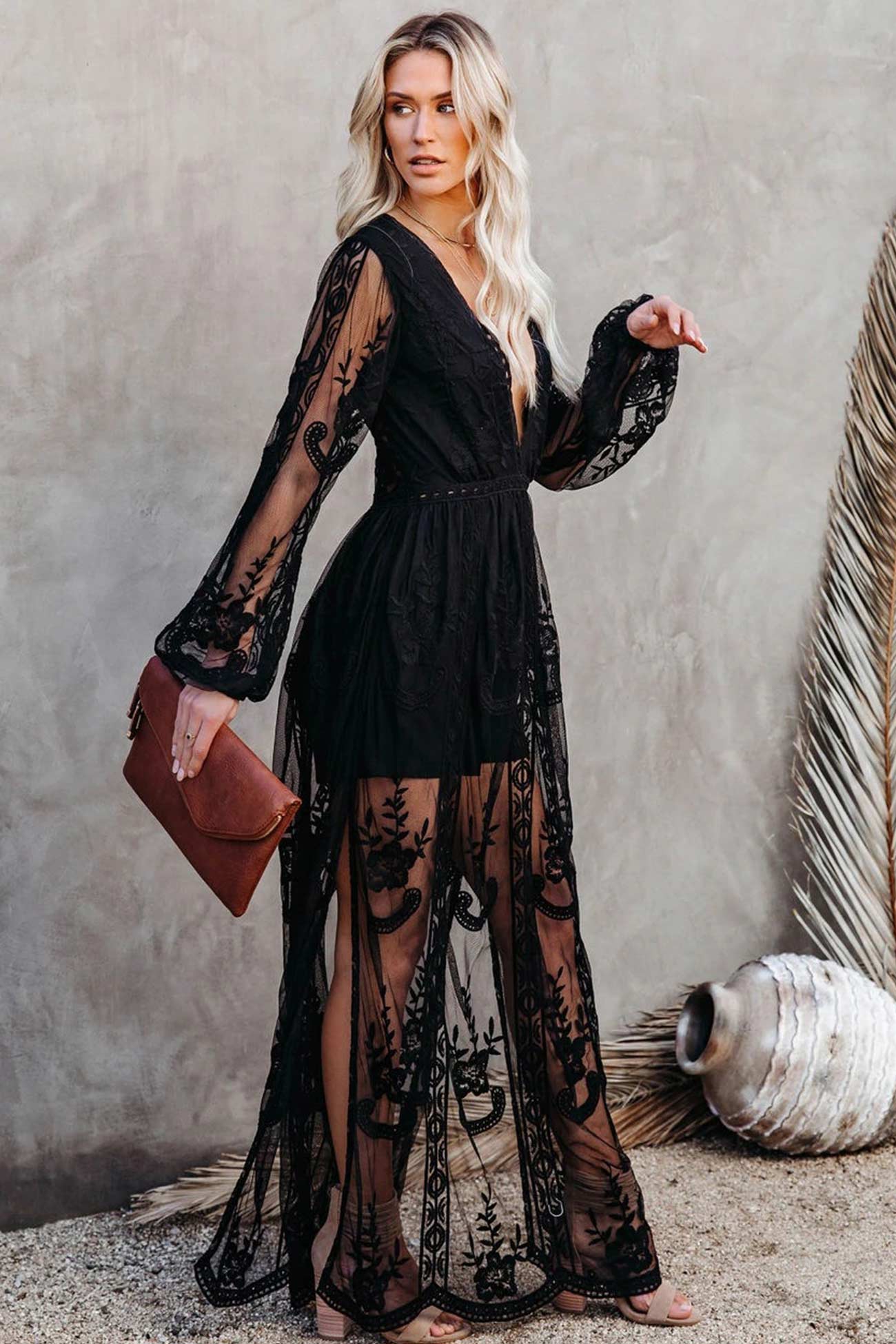 loveedsTM-V Neck Lace Patchwork Split Maxi Dress