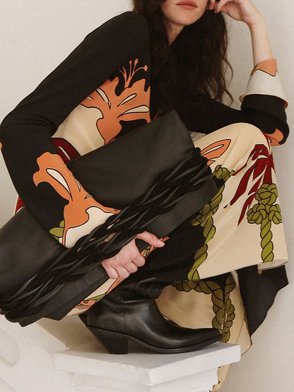 Beaded Elegant Plant Print Silk Women's Dress