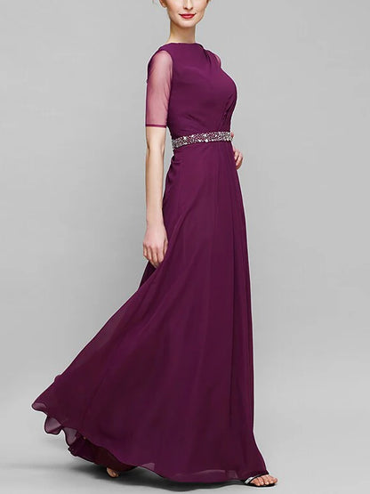 Round Neck Solid Color Chiffon Maxi Dress
