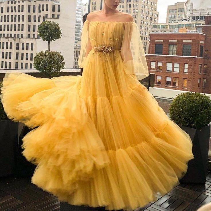 Yellow pretty fairy elegant exquisite beading A-line long sleeve long tulle ball gown evening dress gh2234