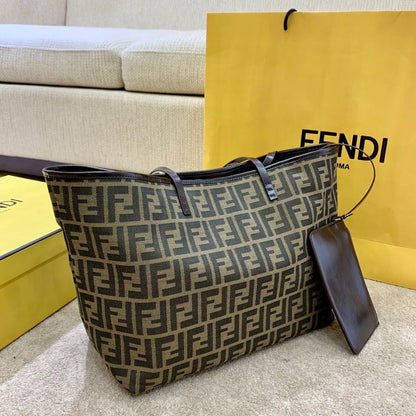 FENDI ZUCCA TOTE BAG IN BROWN AND BLACK WITH GOLD HARDWARE