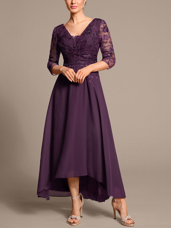 V-neck Chiffon Lace Solid Color Midi Dress