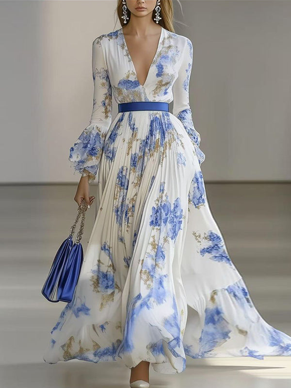 White V-neck Print Maxi Dress