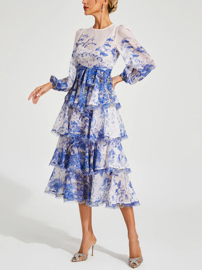 Round Neck Long Sleeves Printed Midi Dress