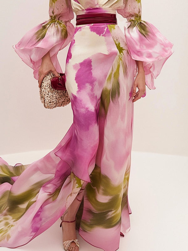 Elegant Ruffle Sleeve Printing V Neck Maxi Dress