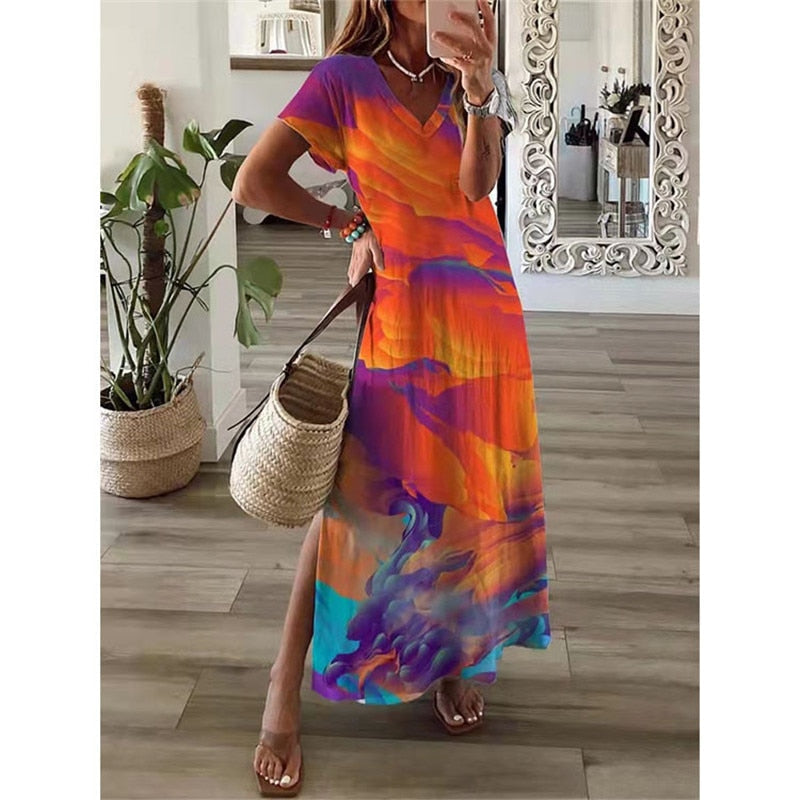 loveedsTM- Vintage Print Maxi Dress Women 2024 Summer Elegant V Neck Short Sleeve Loose Split Casual Dress Female Party Boho Beach Vestidos