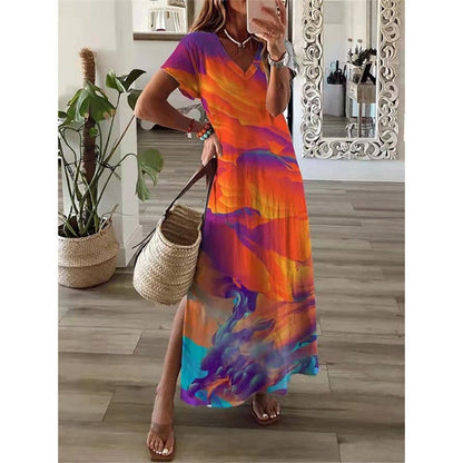 loveedsTM- Vintage Print Maxi Dress Women 2024 Summer Elegant V Neck Short Sleeve Loose Split Casual Dress Female Party Boho Beach Vestidos