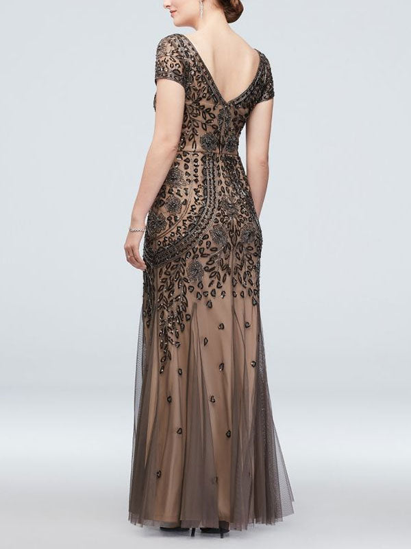 V-neck Beaded Short Sleeve Dress with Godets Mother of the Bride Dress