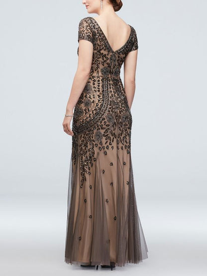 V-neck Beaded Short Sleeve Dress with Godets Mother of the Bride Dress