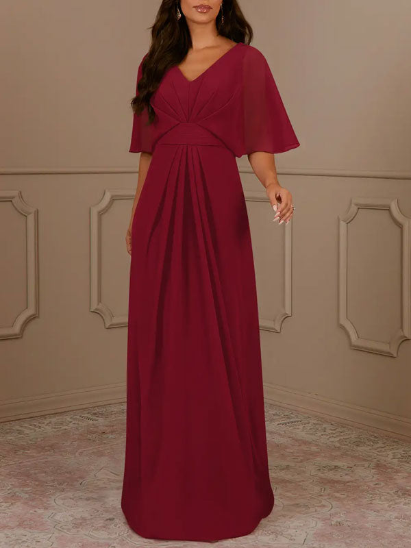 A-Line V-Neck Pleated Chiffon Dress