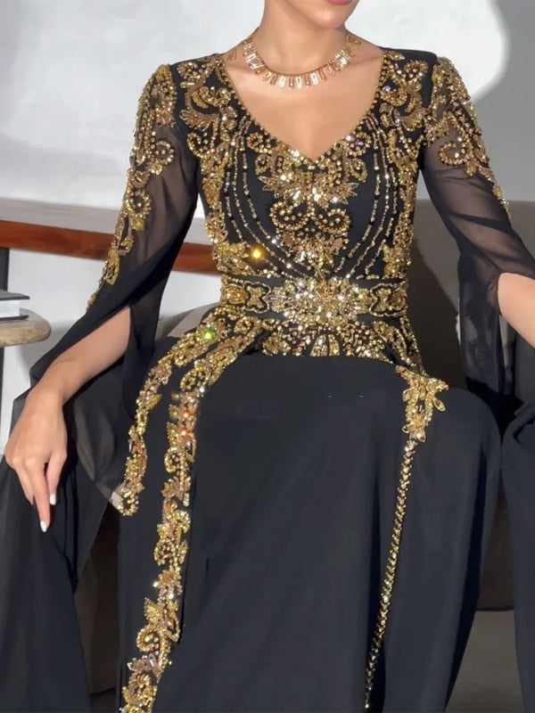 V-neck Sequined Mesh Solid Color Maxi Dress