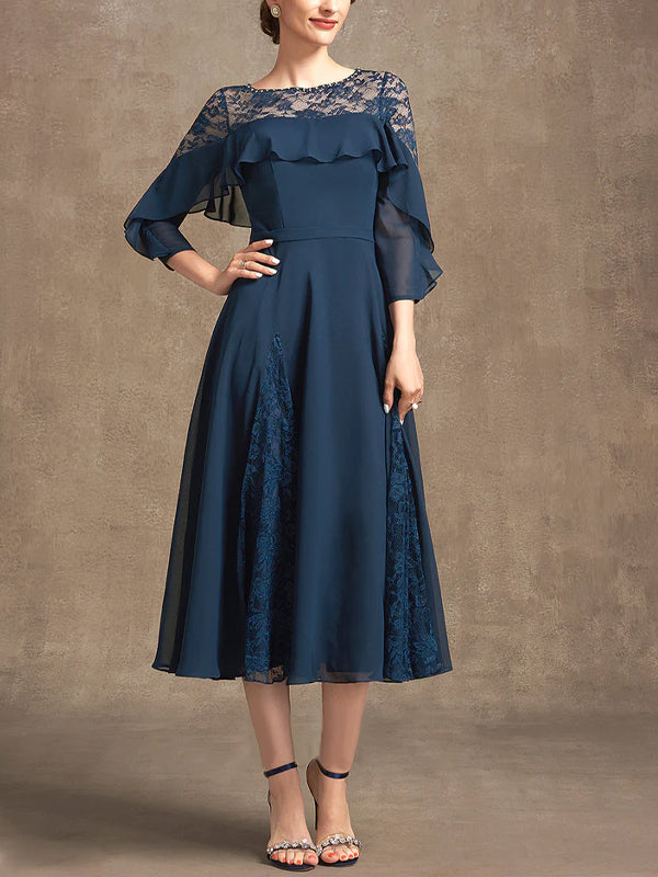 Round Neck Solid Color Lace Midi Dress