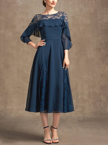 Round Neck Solid Color Lace Midi Dress