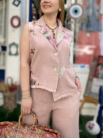 Cotton and Linen Printed Holiday Temperament Women's Suit