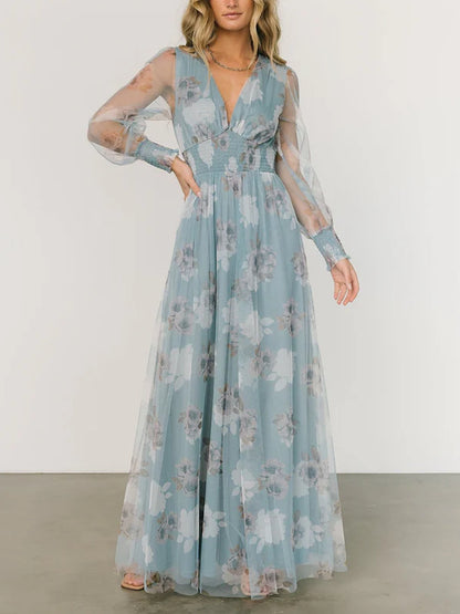 Tulle Temperament Printed Holiday Maxi Dress