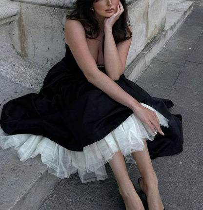Black and White Princess Cute and Elegant A-line Spaghetti Straps Long Satin Tulle Party Dress Evening Dress Prom Dress Homecoming Dress gh4196
