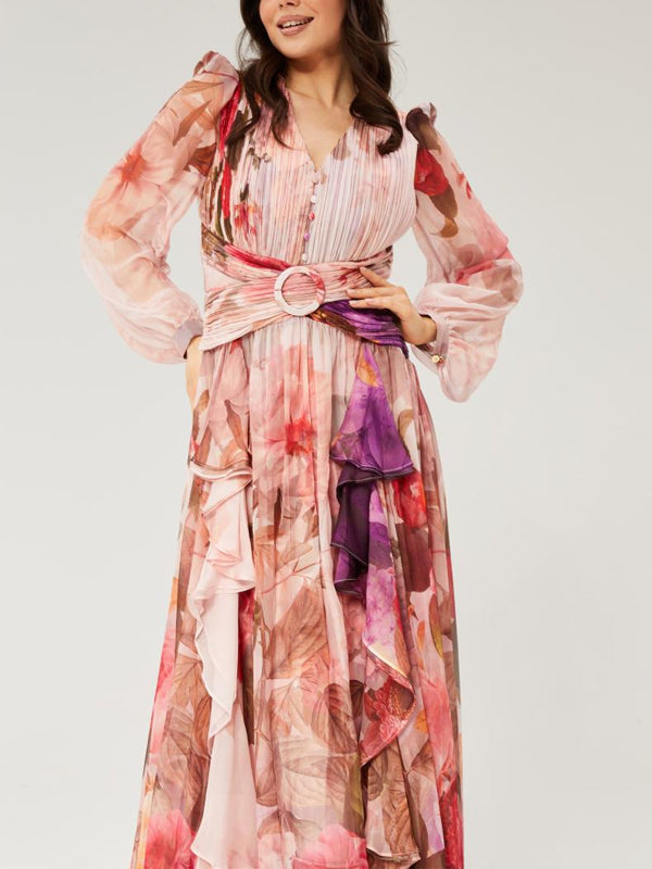 V-neck Colorful Printed Chiffon Maxi Dress