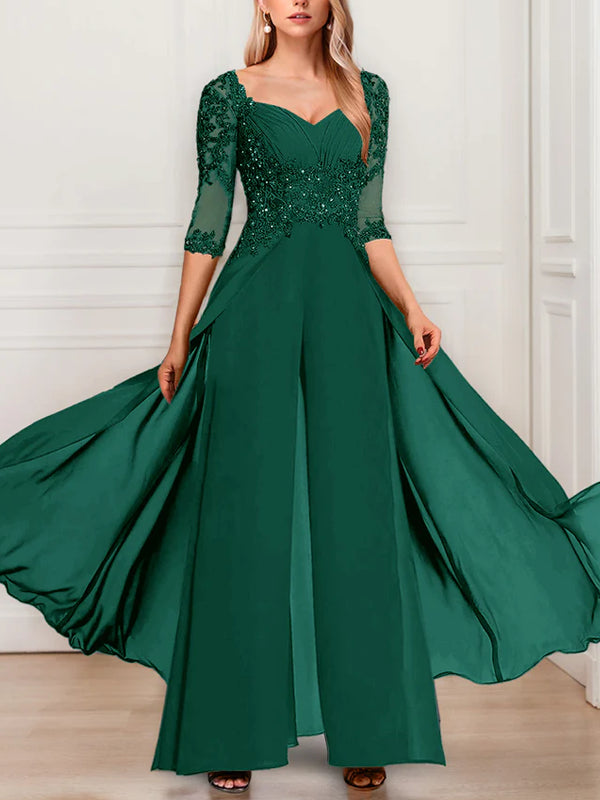 Chiffon V-Neck Half Sleeves Mother of the Bride Pantsuits with Applique