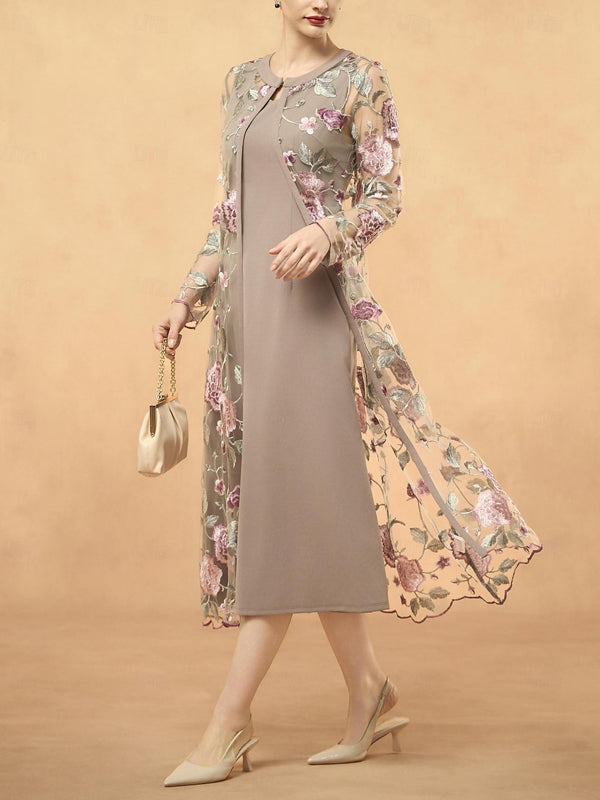 Elegant retro simple V-neck knee-length sleeveless Long Sleeve with Embroidered Lace Jacket