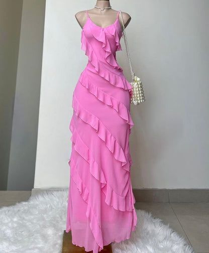Pink Spaghetti Straps Fashion Elegant Long Chiffon Ruffle Ball Gown Evening Dress Party Dress gh3253