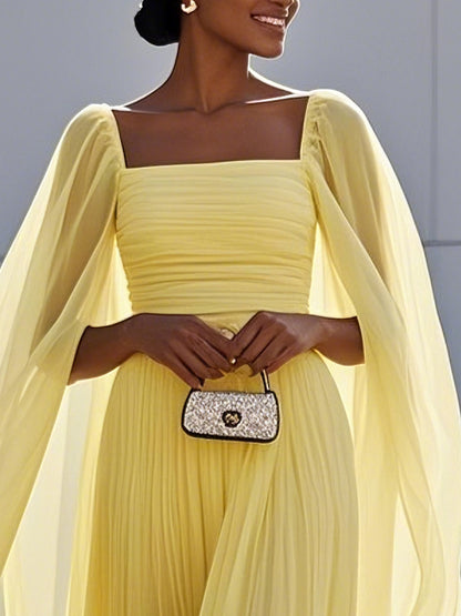 Yellow Pleated Chiffon Dress Square Neck Long Sleeve A-Line Gown