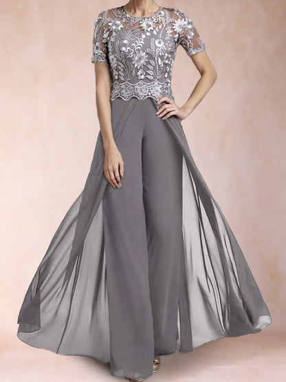 A-Line/Princess Scoop Short Sleeves 2 Pieces Pantsuits