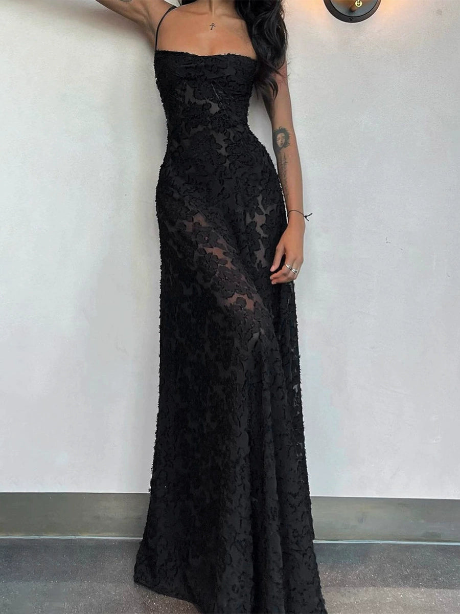 loveedsTM-Black see-through suspender skirt sexy backless long dress evening dress