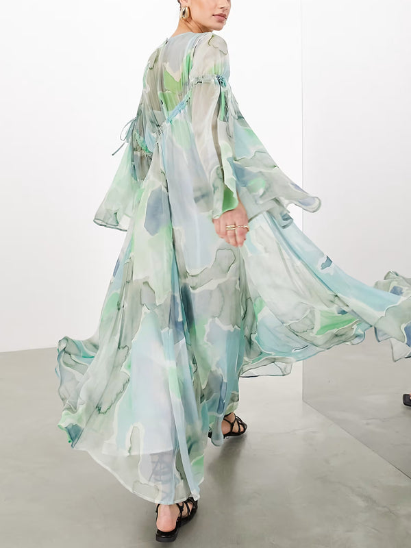 Watercolor Print and Ruffles Women's Dress