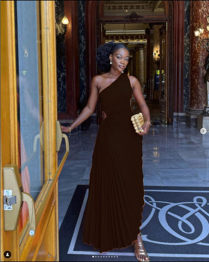 loveedsTM-Lady Roll Waist Sleeveless Pleated Ruched A-line Dress Women One Shoulder Sexy Prom Evening Dresses New Fahion Chothing