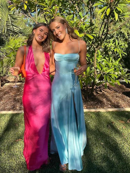 Elegant Blue Satin Mermaid Side Slit Long Evening Prom Dresses Sexy Prom Dress DP246
