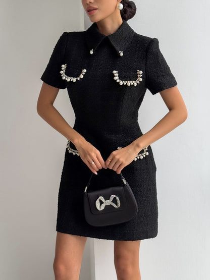 Lapel Tweed Pearl Decoration Women's Dress