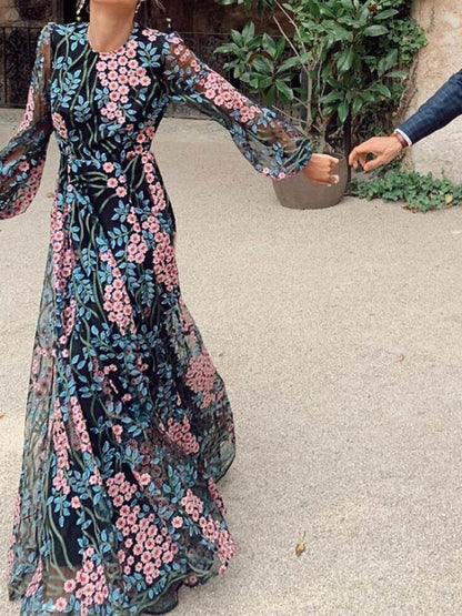 loveedsTM-Vintage Chic Women Floral Print O-neck Backless Sexy Bohemian Evening Dress Robe Lady Long Sleeve Boho Dresses Vestidos