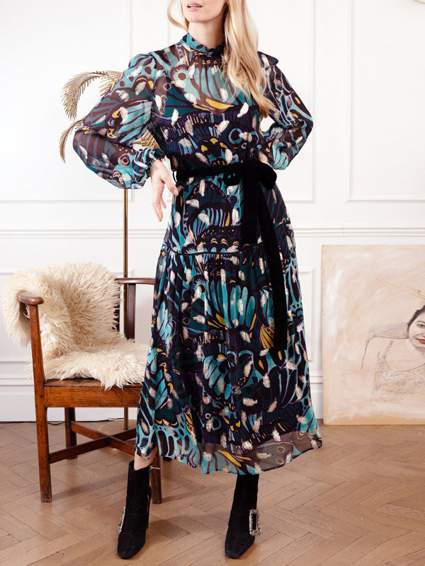The Edith Blouson Sleeve Midi Dress in Feather Lurex
